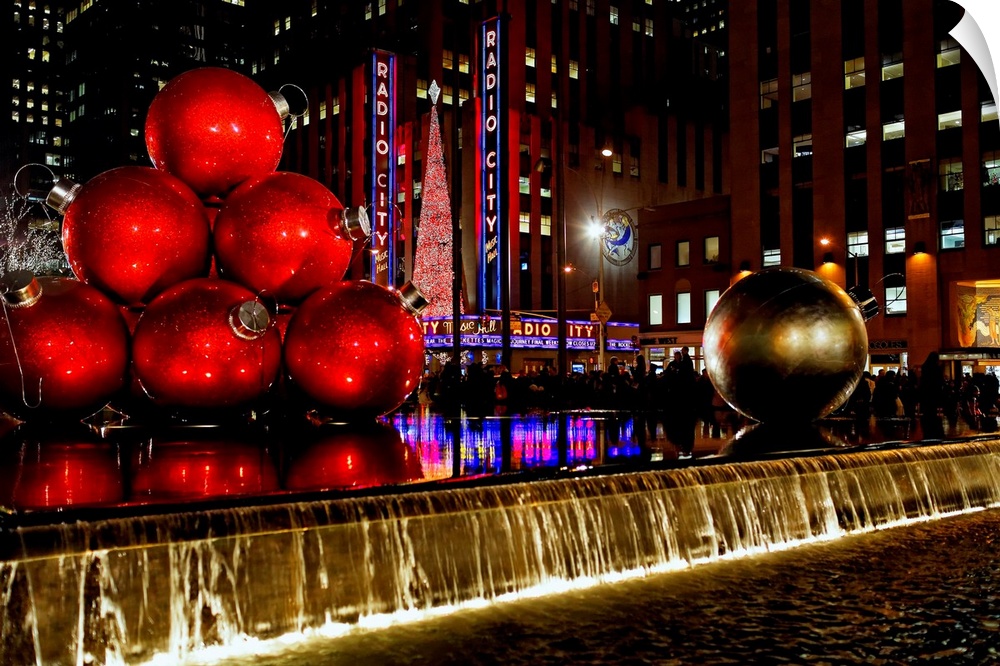 Radio City Music Hall night view with Christmas Decorations, New York City, New York.