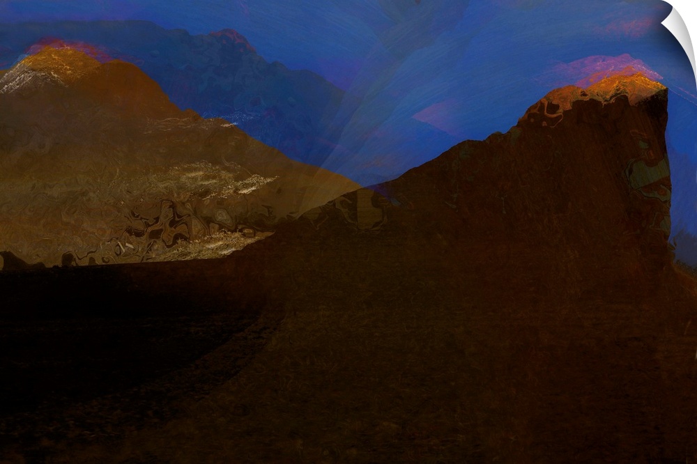 Abstract photograph with marbling brown hues and textures resembling a mountain terrain on a blue background.