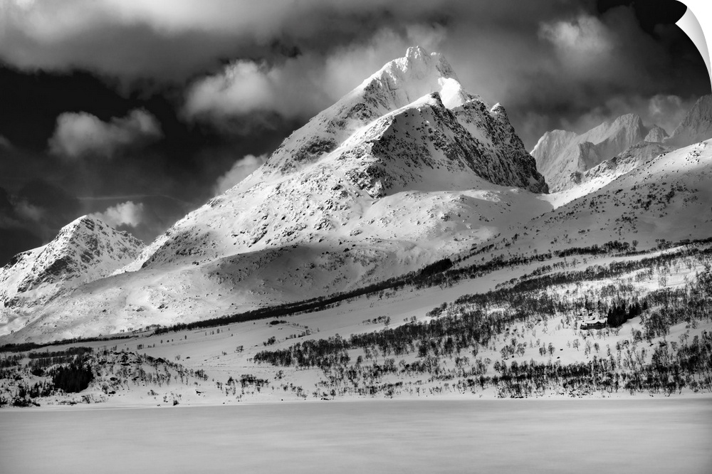 Snowy mountain in Norway, black and white photo