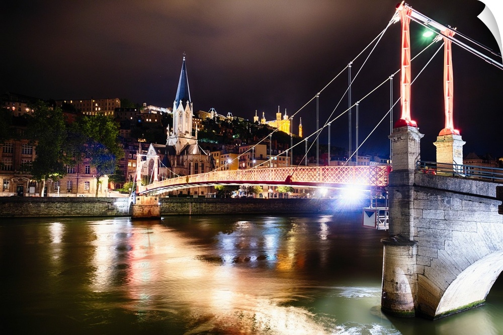 St George's Footbridge Over the Saone River at Night with Old Lyon , France