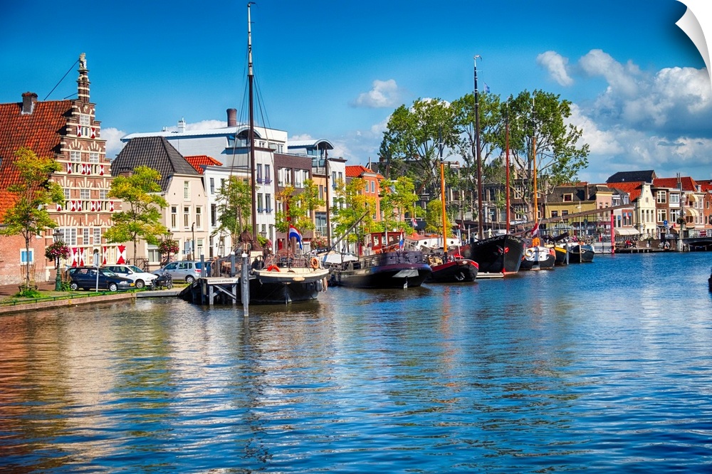Canal with oldsShips, Kort Galgewater, Leiden, Netherlands.