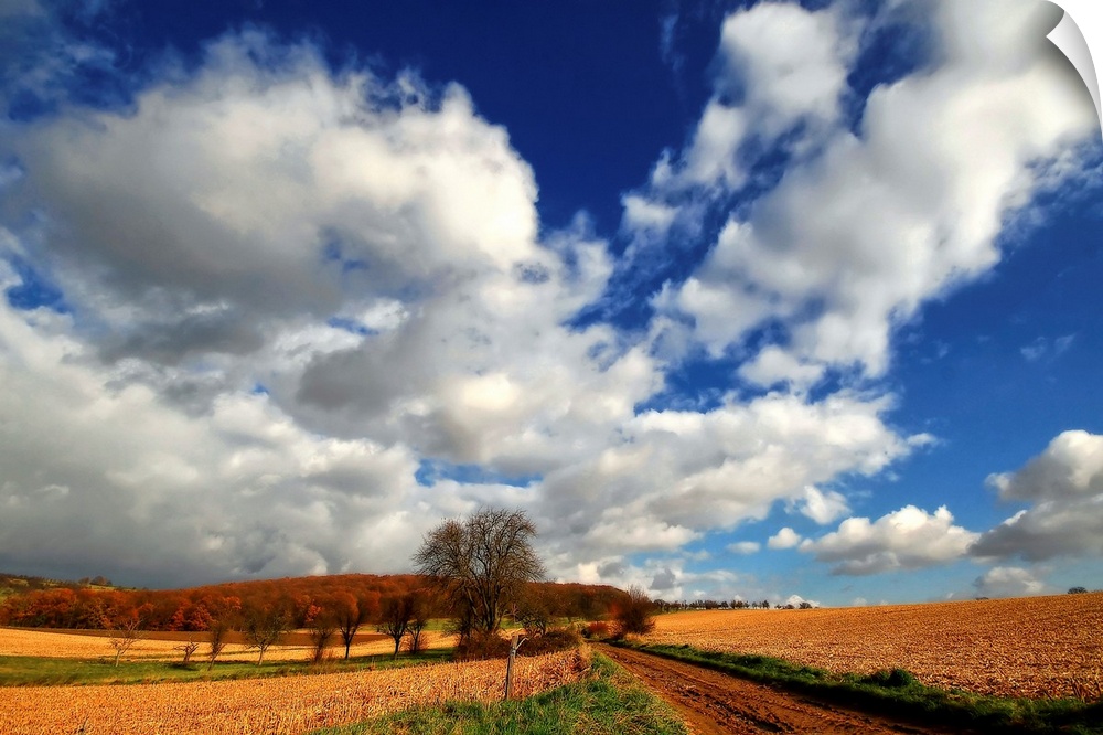 Blue sky with heavy clouds above the countryside