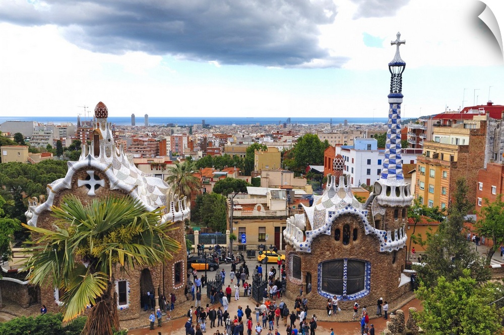 Park Guell Entrance with Two Ornamental Buildings of Antoni Gaudi