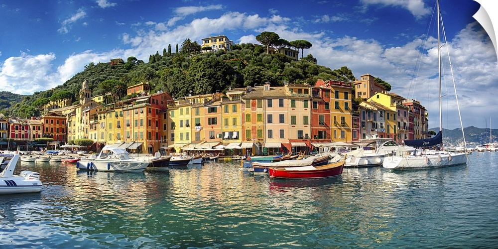 Low angle panoramic view of Portofino Harbor, Liguria, Italy.