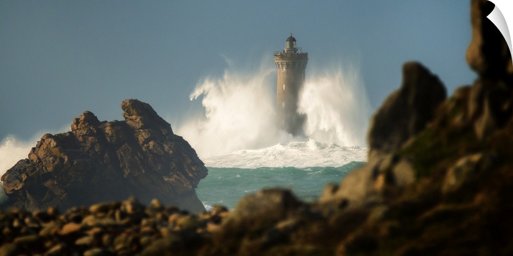 Panoramic view of "Le Four" lighthouse in the north coast of Brittany in France in Porspoder.