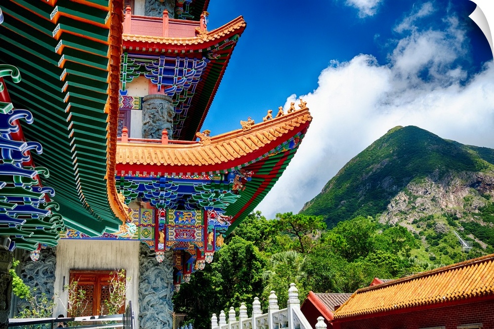 Colorful roof details of the Po Lin Buddhist Monastery, Lantau Island, Hong Kong, China.