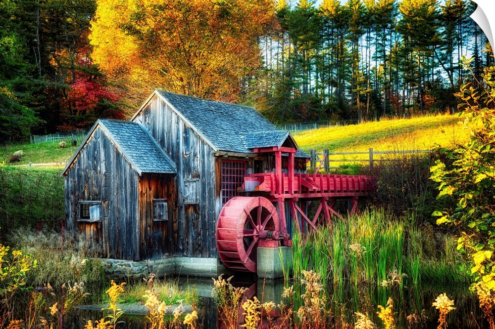 Fine art photo of an old water wheel in the fall in New England.