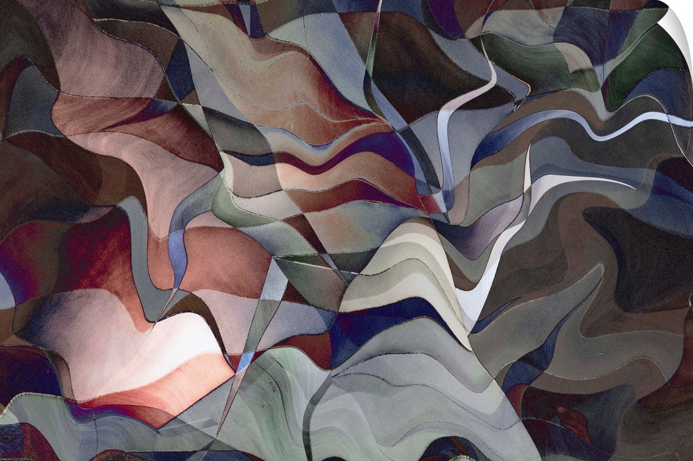 Colorful abstract photograph with wavy shapes in hues of blue, red, gray, green, and purple.