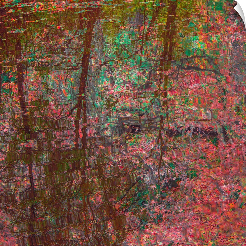 An abstract pattern in pinks, peaches and iridescent greens reflecting in still waters reminiscent of Japanese silk painti...
