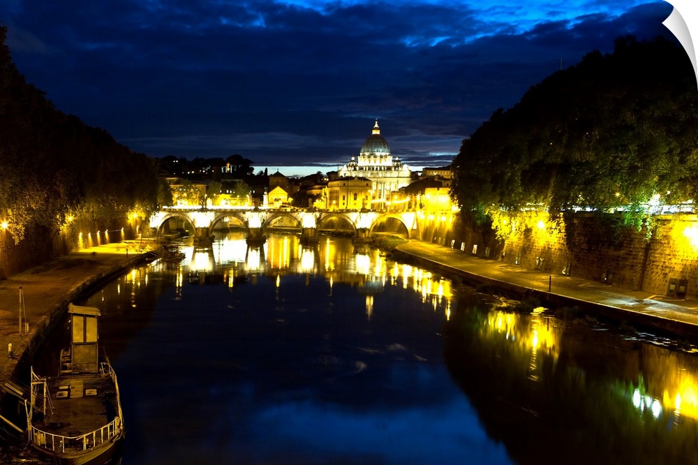 Night view of the Tiber River with the Vatican City in the Background, Rome, Lazio, Italy.