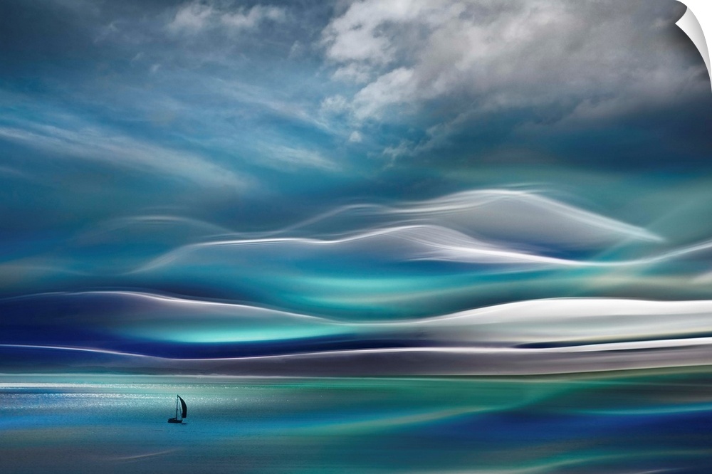 Huge abstract art depicts a lone sailboat traveling across open waters with a mountain in the background.