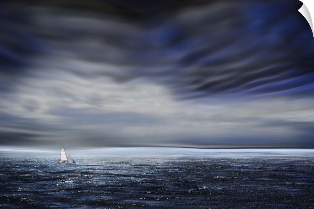 A small sailboat dwarfed by the vastness of the open ocean, under dark stormclouds.