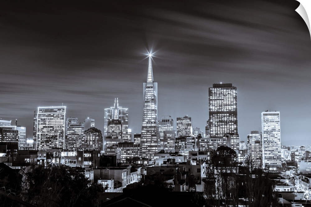 A black and white long exposure image of the skyline of financial district in San Francisco.