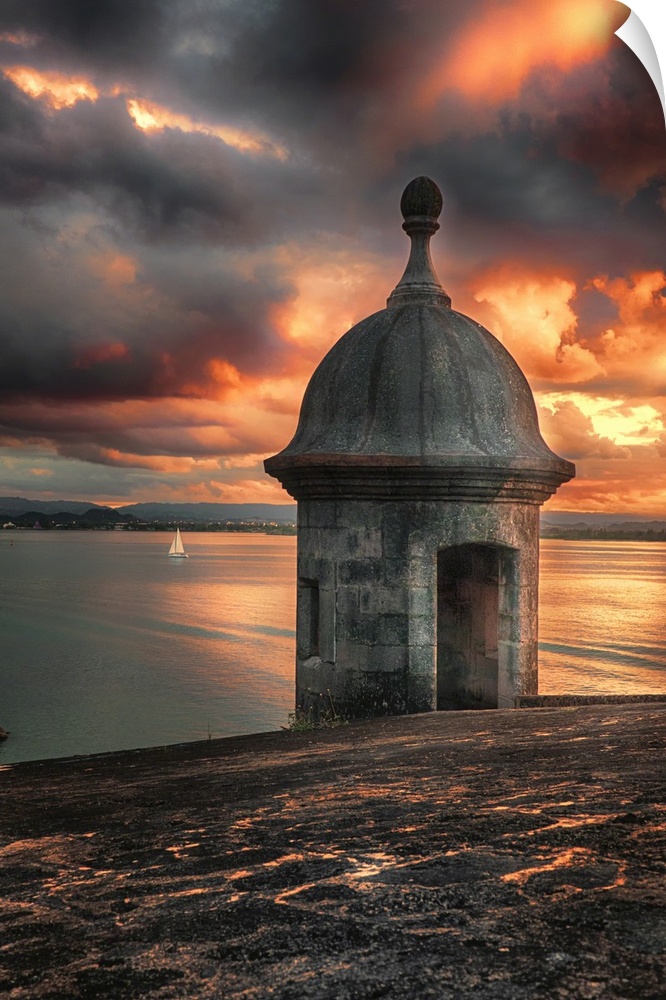 Sentry Post on the City Wall Overlooking a Bay at Sunset, Old San Juan, Puerto Rico.