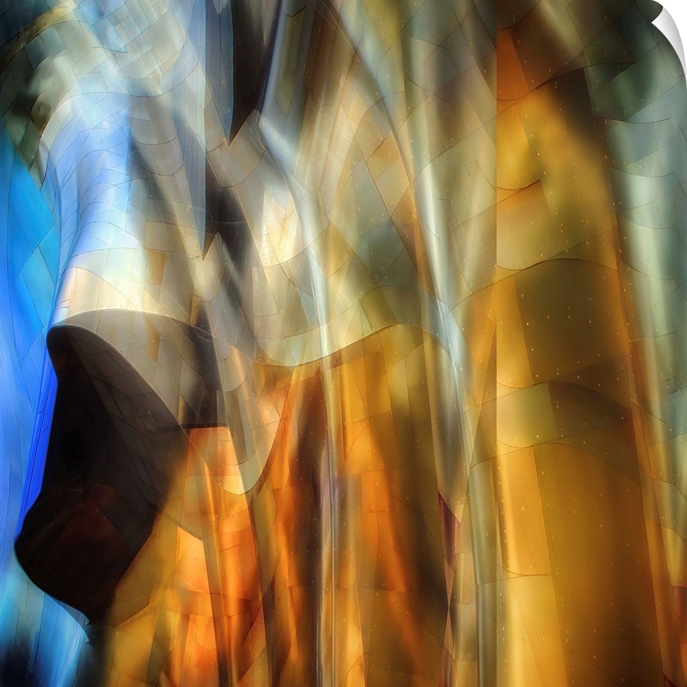 Conceptual photo of a building facade reflecting blue and amber light, warped and stretched to create an abstract image.