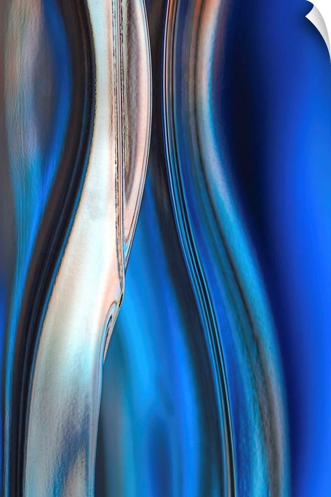 Contemporary abstract photograph of curved linear lines in shades of blue.