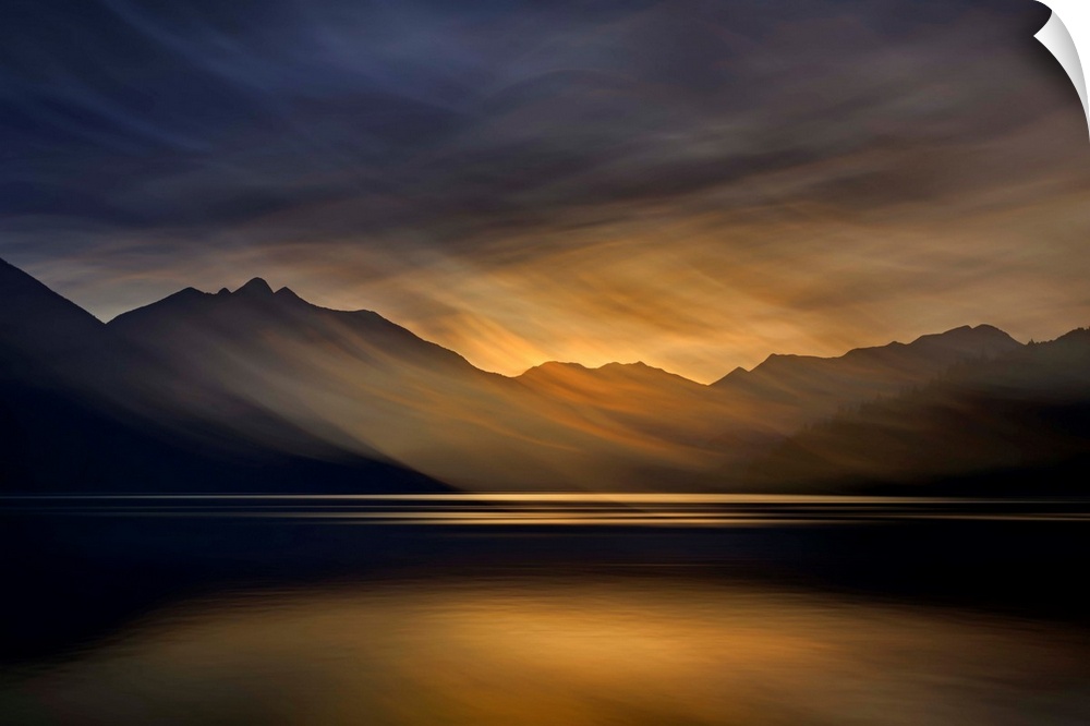 Artistic abstract photograph of a serene lake and mountain scene.