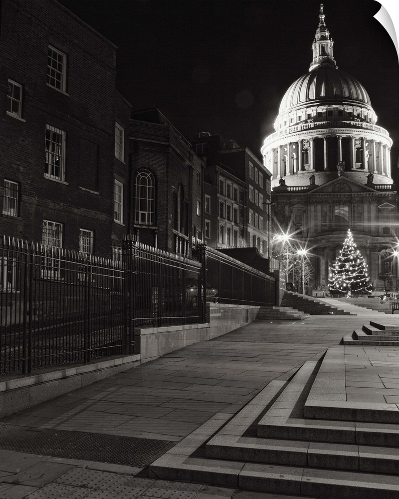 A monochrome black and white night image of St. Pauls, London, England.