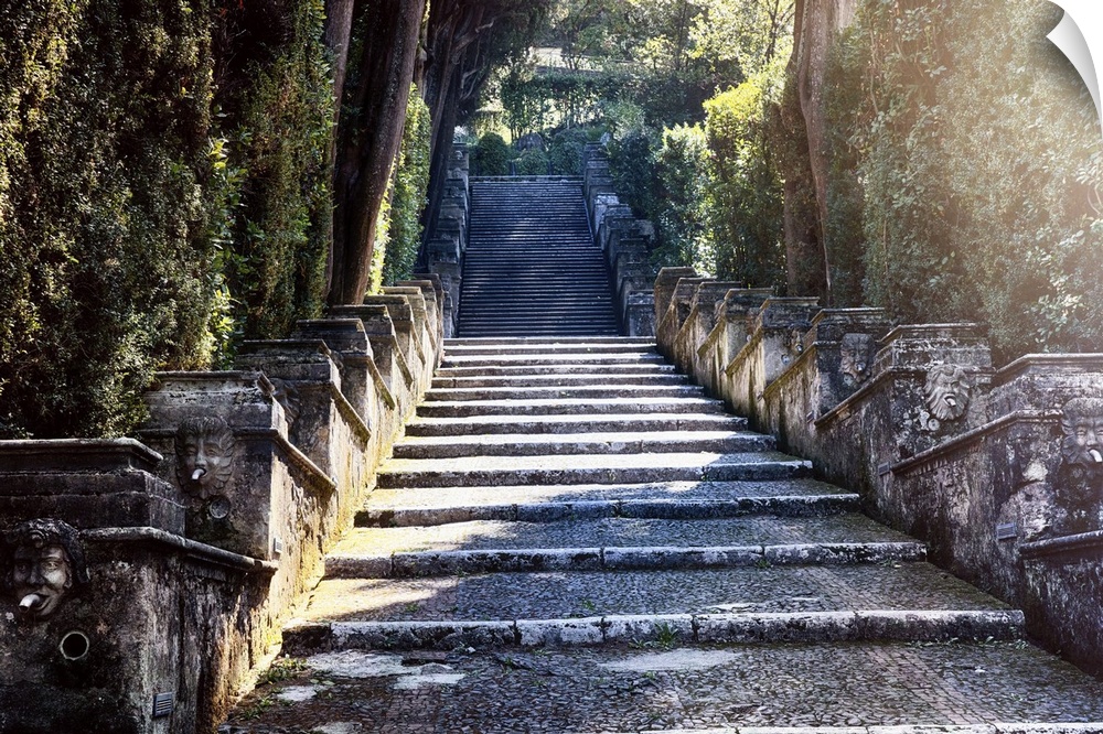 Outdoor stone steps in a garden in Tivoli, Italy, in warm afternoon sunlight.