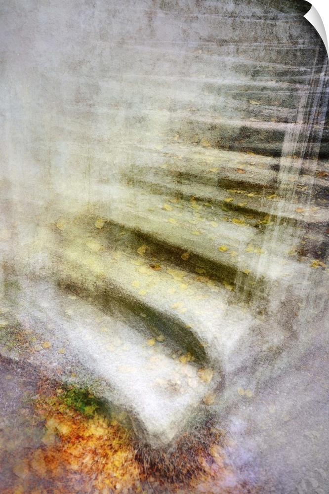 Conceptual image of an outdoor staircase in multiple exposures, creating an illusion of movement.