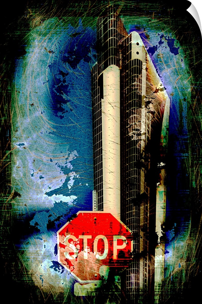 Image of a stop sign and a skyscraper in the distance, with a heavy grunge texture effect.