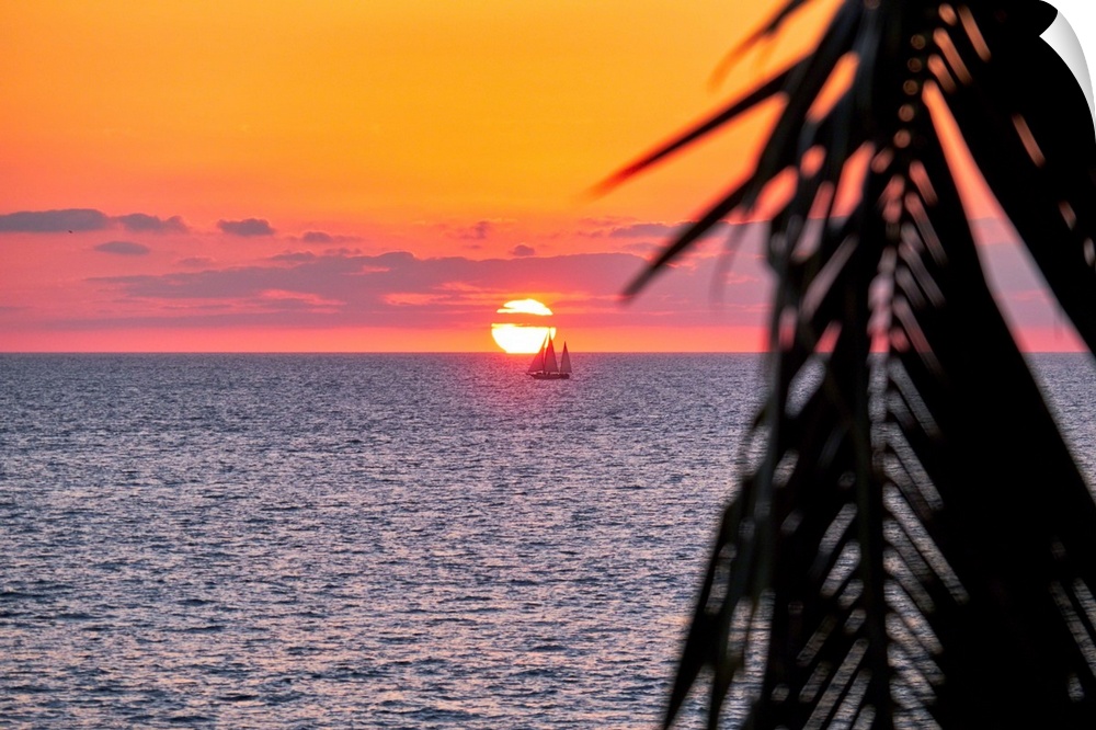 A photo of sun setting behind a boat on water in Puerto Vallarta, Mexico with a palm tree leaf on the right.