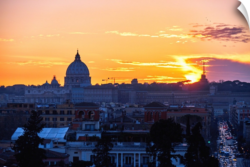 Sunset view of Rome from The Villa Borghese, Rome, Lazio, Italy.