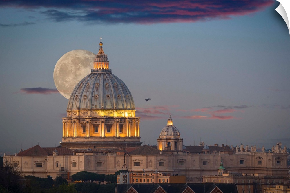 Fine art photograph of the moon rising right behind St. Peter's Basilica in Rome.