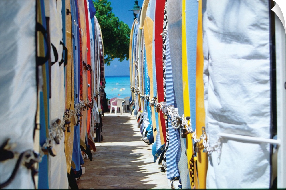 Rows of surfboards on Waikiki Beach, Honolulu, Oahu, Hawaii.
