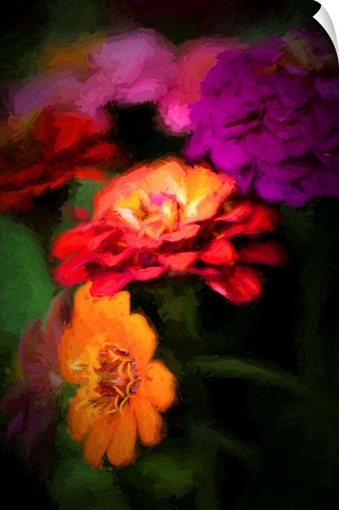 A close-up photograph of vibrant flowers in a vignette.