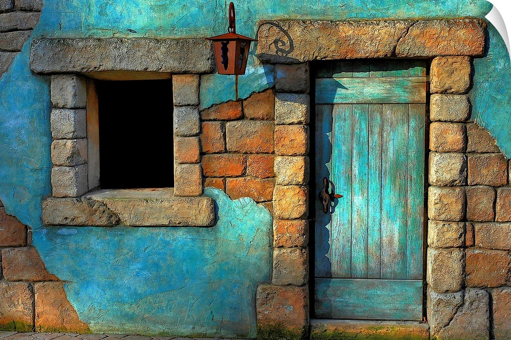 Landscape fine art photograph highlighting a door surrounded by a stone wall and window.