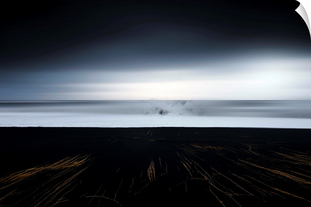 Abstract photograph of a dark landscape with thin gold lines leading up to an ocean where a large wave is crashing in the ...