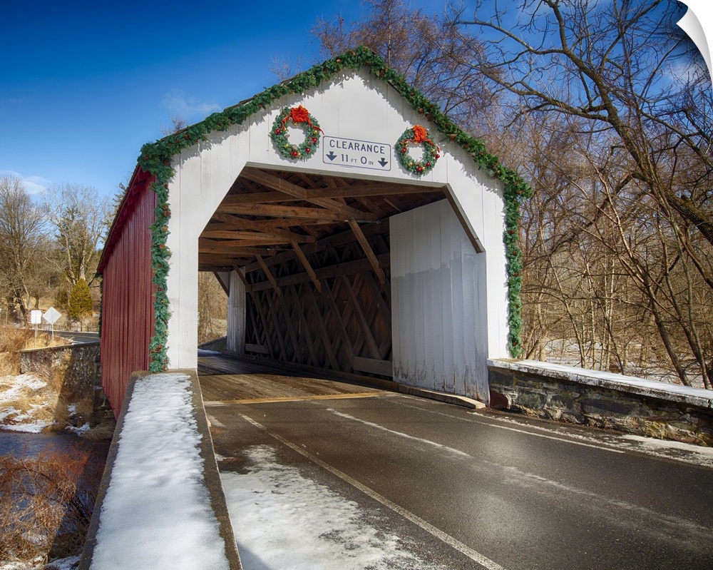 The Erwina Covered Bridge Over The Swamp Creek During Winter, Bucks, County, Pennsylvania.