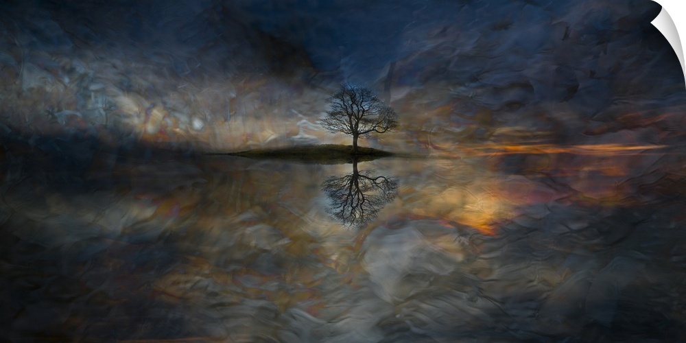 Dream-like photograph of an island with a single bare tree on it reflecting into the water, with a wavy, rippled overlay.
