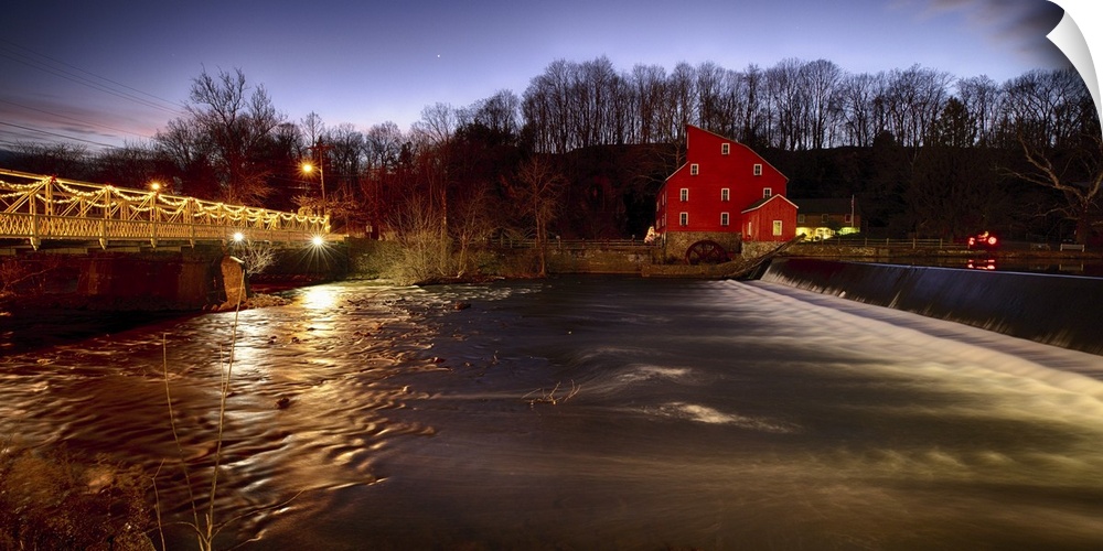 The Historic Red Mill and Clinton Bridge at Night, Hunterdon County, New Jersey.