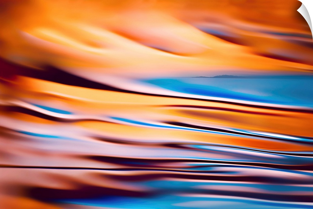Abstract image of a far away horizon line of land combined with a second image, a colourful closeup of water, made in stud...