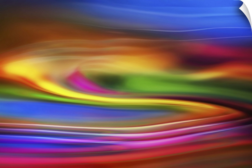 Abstract photograph of blurred and blended neon rainbow colors and flowing lines.