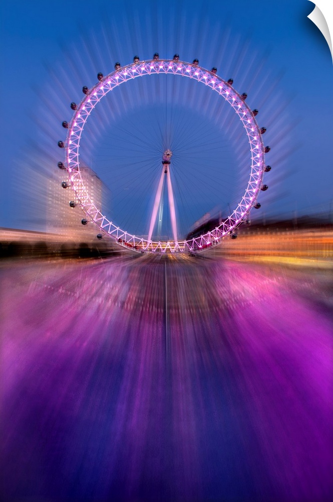 Long exposure fine art photo of the London Eye ferris wheel with purple lights.