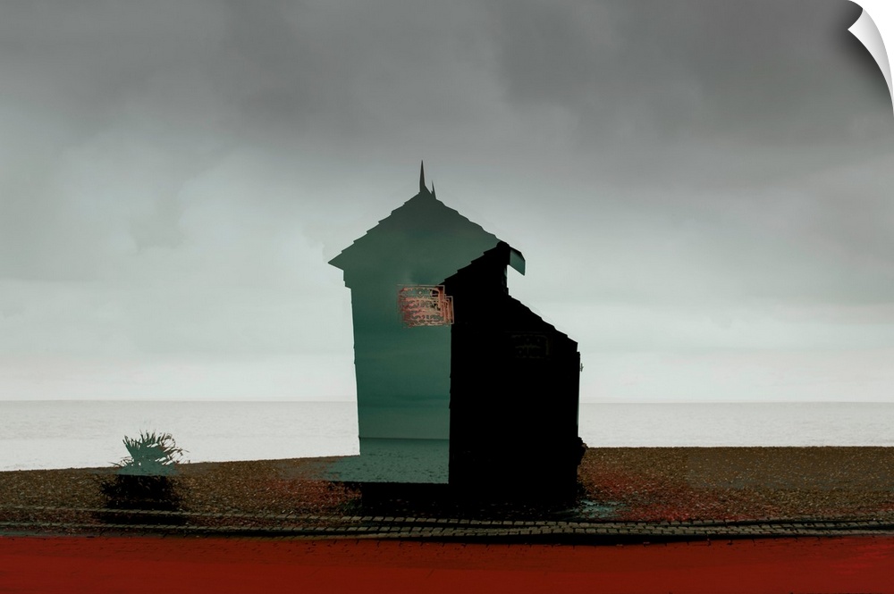 Conceptual photograph of a smokehouse in an open landscape.