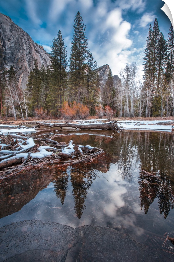 Three Brothers Cathedral Beach at Yosemite National Park in California right after sunrise in winter.