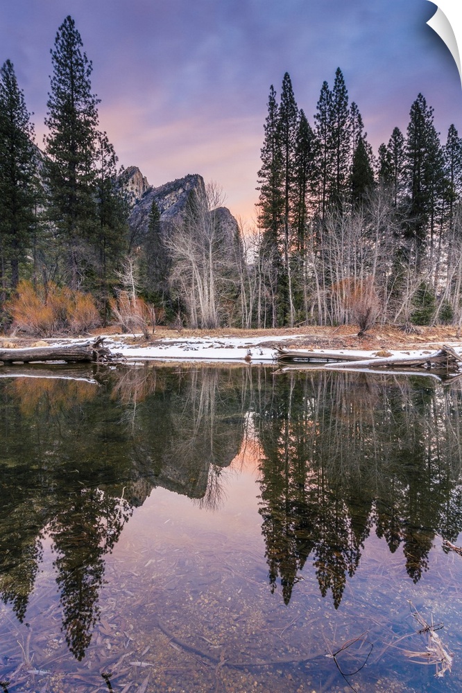 Three Brothers Cathedral Beach at Yosemite National Park in California during winter sunrise.