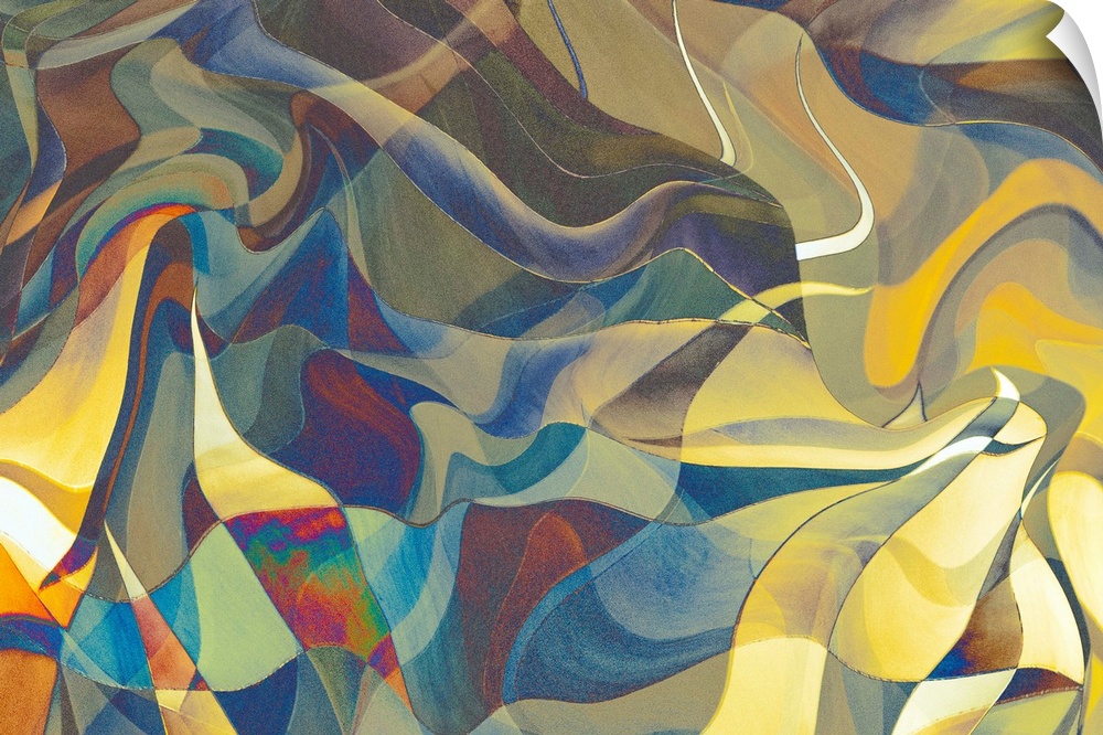 Colorful abstract photograph with wavy shapes in hues of blue, yellow, green, and purple.