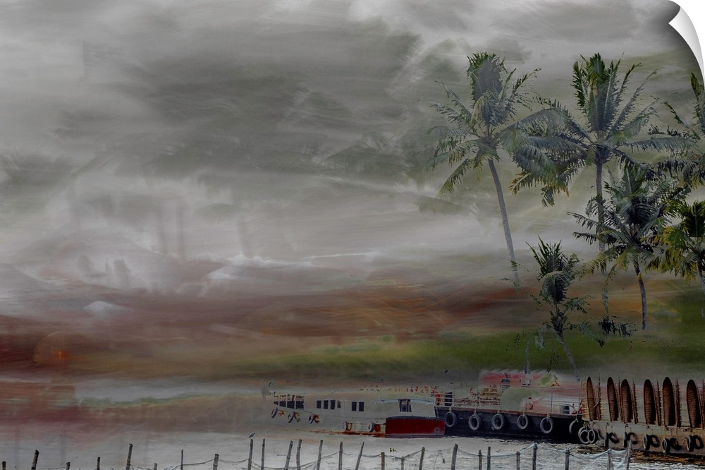 Conceptual photograph of boats in water with palm trees on the shore and a dark, grey sky representing a tropical storm.