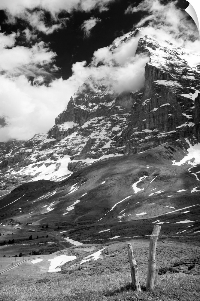 Black and white photo of the Swiss Alps