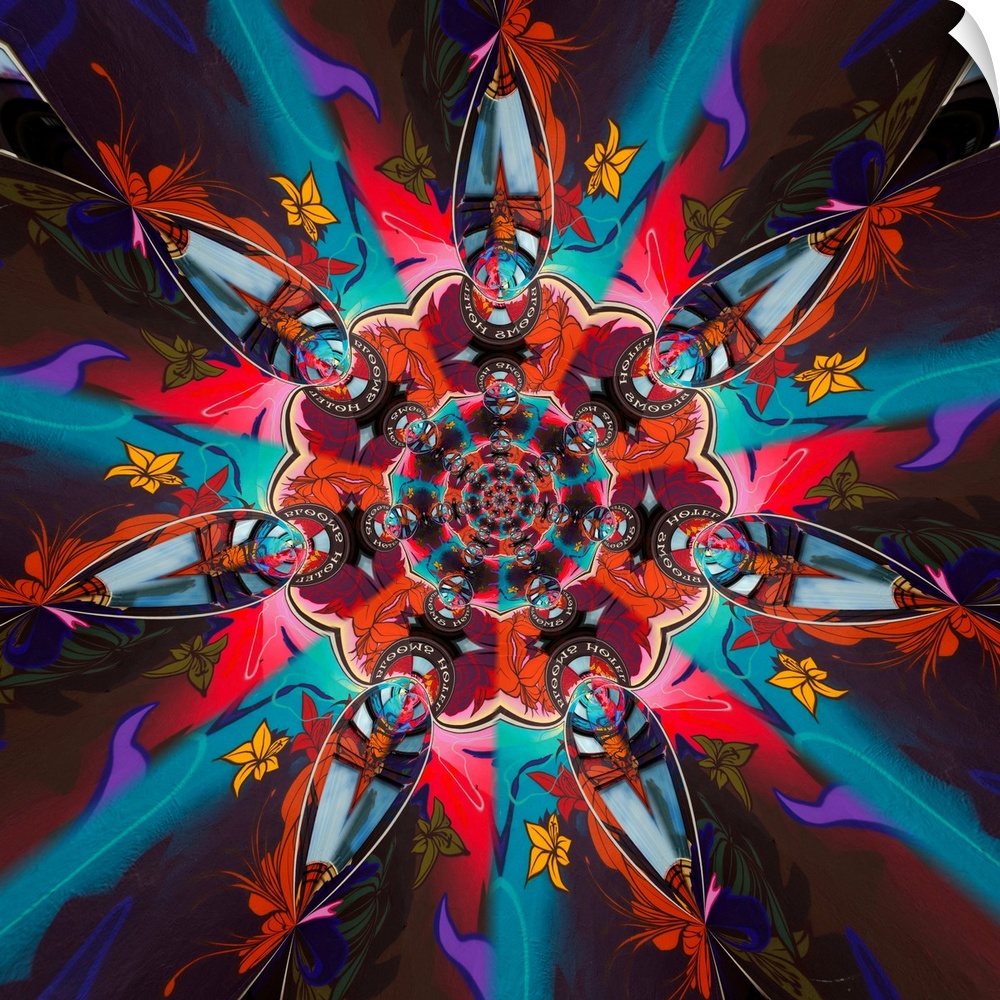 Psychedelic circular figure created with different shapes and colors.