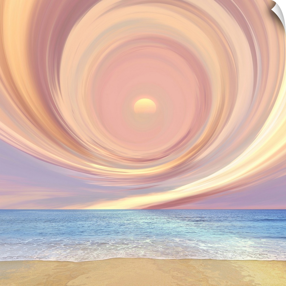 Conceptual photograph of a pink spiraled circle in the sky above the ocean and beach.
