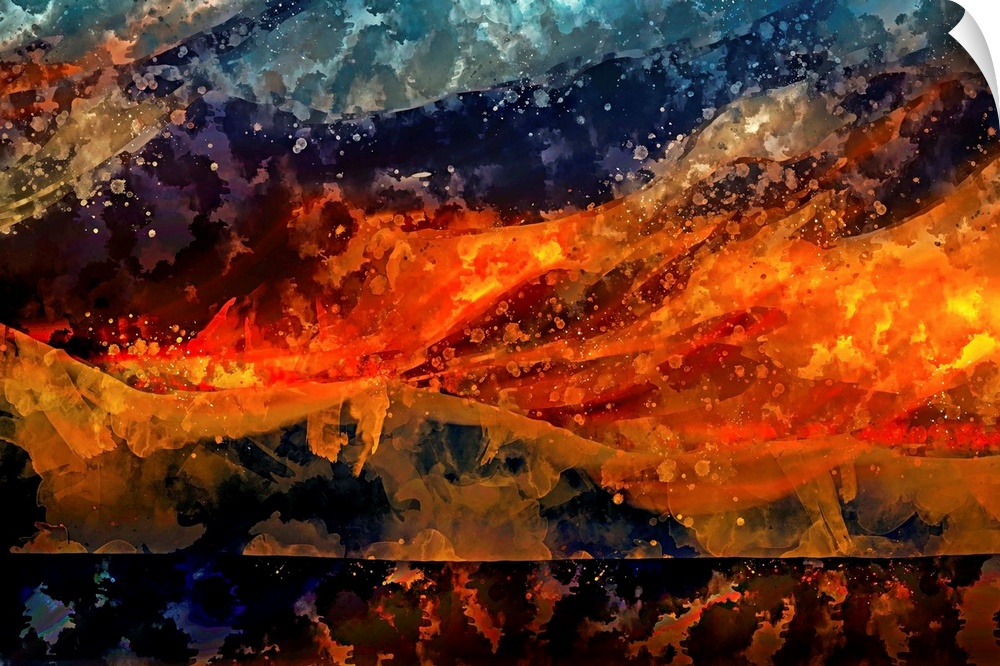 An eruption of warm colors wrestling cool shades in this abstract artwork.