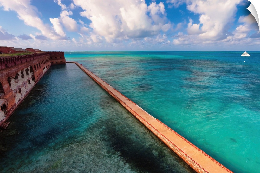 High angle view of the walls and moat of a brick fort, Fort Jefferson, Dry Tortugas National Park, Florida.