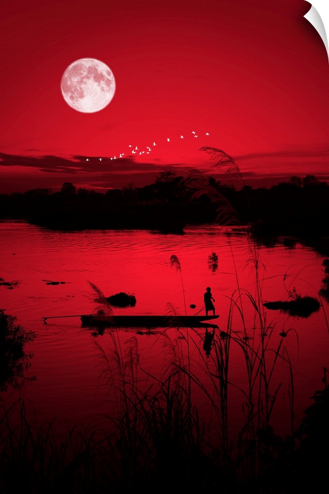 Boat on the Mekong with birds and the moon, photographed with a red filter