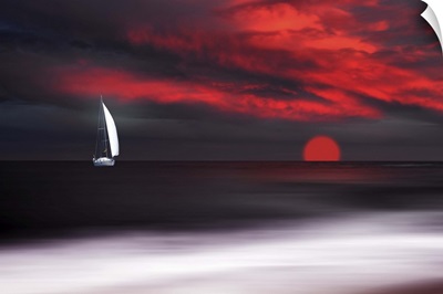 White Sailboat And Red Sunset